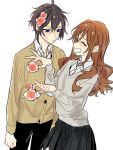  &gt;:( 1boy 1girl black_hair black_pants blue_eyes blush brown_hair closed_eyes collar collared_shirt eyebrows eyebrows_visible_through_hair eyelashes flower hagiwara_daisuke hair_flower hair_ornament holding holding_flower hori-san_to_miyamura-kun hori_kyouko laughing messy_hair miyamura_izumi open_eyes pants rose shirt simple_background skirt watermark white_background 