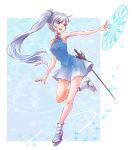  1girl absurdres adapted_costume bare_shoulders blue_eyes earrings high_collar highres ice_skates iesupa jewelry long_hair magic_circle myrtenaster necklace pendant ponytail rapier rwby scar scar_across_eye side_ponytail skates solo sword tiara weapon weiss_schnee white_hair 