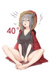  1girl animal_ears arknights bangs bare_legs barefoot breasts character_request cleavage collarbone commentary_request eyebrows_visible_through_hair feet full_body fur-trimmed_hood fur_trim grey_hair grey_shirt hair_between_eyes highres hood hood_up hooded_jacket jacket jacket_on_shoulders jilu long_hair looking_at_viewer open_mouth puffy_short_sleeves puffy_sleeves red_jacket shirt short_sleeves sidelocks sitting small_breasts soles solo temperature tongue tongue_out white_background yellow_eyes 