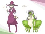  ! 2015 ? amphibian before_and_after belly big_belly big_breasts blush book breasts clothing dress featureless_breasts female frog grey_hair hair hat headgear headwear heterochromia human izumi_(artist) long_hair magic magic_user mammal nude open_mouth simple_background sitting smile solo standing surprise transformation wand wide_hips witch witch_hat 