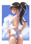  1girl adjusting_clothes adjusting_swimsuit ass blue_sky brown_eyes brown_hair cloud commentary_request competition_swimsuit cowboy_shot disconnected_mouth from_behind hair_ribbon hands_on_hips highres katahira_masashi long_hair looking_to_the_side one-piece_swimsuit original ponytail ribbon sky smile solo swimsuit white_swimsuit 