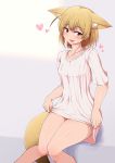  1girl animal_ears bare_legs blonde_hair blush brown_eyes collarbone commentary_request eyebrows_visible_through_hair fennec_(kemono_friends) fox_ears heart highres kemono_friends looking_at_viewer ponpo short_hair short_sleeves solo sweater tail white_sweater 