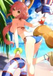  1girl animal_ear_fluff animal_ears ass bangs beach_umbrella bikini blue_bikini blue_sky blurry blurry_background blush breasts brown_footwear closed_mouth cloud cloudy_sky commentary_request day depth_of_field eyebrows_visible_through_hair fate/grand_order fate_(series) fox_ears fox_girl fox_tail hair_between_eyes holding holding_umbrella horizon innertube large_breasts leaning_forward long_hair looking_at_viewer looking_back ocean outdoors pink_hair platform_footwear rin2008 sandals side-tie_bikini sky smile solo standing standing_on_one_leg swimsuit tail tamamo_(fate)_(all) tamamo_no_mae_(swimsuit_lancer)_(fate) umbrella very_long_hair yellow_eyes 