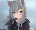  amashiro_natsuki animal_ears bow catgirl close cropped gray_hair green_eyes hoodie long_hair original sky tail 