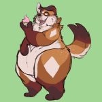  anthro belly brown_fur canid canine cupcake facial_piercing food fur hand_on_stomach holding_food holding_object male mammal nose_piercing nude open_mouth open_smile overweight overweight_male piercing portlypigeon smile solo standing thick_thighs white_fur 