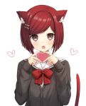  1girl :o animal_ear_fluff animal_ears blush bow breasts cat_ears cat_tail commentary_request danganronpa eyebrows_visible_through_hair grey_jacket hair_ornament hairclip heart highres jacket long_sleeves looking_at_viewer new_danganronpa_v3 open_mouth red_bow red_eyes red_hair school_uniform short_hair simple_background sleeves_past_wrists small_breasts solo ssumbi tail upper_body white_background yumeno_himiko 