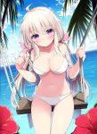  1girl :o ahoge bangs bare_shoulders bikini blue_sky blush breasts cleavage cloud cloudy_sky collarbone commentary_request day eyebrows_visible_through_hair feet_out_of_frame flower grey_shirt hair_between_eyes hair_ribbon hibiscus highres horizon large_breasts long_hair looking_at_viewer low_twintails navel ocean off_shoulder open_clothes open_shirt original outdoors palm_leaf parted_lips pink_ribbon pulled_by_self purple_eyes red_flower ribbon sasahara_wakaba see-through shirt short_sleeves side-tie_bikini silver_hair sitting sky solo strap_pull swimsuit swing thighs twintails very_long_hair water white_bikini 