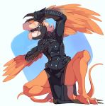  armor bottomwear clothed clothing digital_media_(artwork) female grin jacket kamara_relm leather leather_jacket mask multi_tail revealing_clothes sharp_teeth simple_background skirt smile solo sony-shock spikes talis_(species) teeth topwear wings zipper 