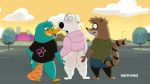  animated anthro anthro_on_anthro backsack balls bottomless butt canid canine canis cartoon_network clothed clothing disney domestic_dog family_guy group jasper_(family_guy) male male/male mammal monotreme ok_ko_lets_be_heroes perry_the_platypus phineas_and_ferb platypus procyonid raccoon raymondfoxxx regular_show rigby_(regular_show) 