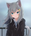  1girl amashiro_natsuki animal_ears bangs black_jacket blue_bow blue_eyes blurry blurry_background bow cat_ears cat_girl cat_tail collared_shirt commentary_request day depth_of_field drawstring dress_shirt eyebrows_behind_hair food_themed_hair_ornament grey_hair hair_between_eyes hair_ornament hairclip hood hood_down hooded_jacket jacket long_hair original outdoors railing shirt solo tail tail_raised upper_body white_shirt 