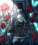  1boy bandaged_hands bandages black_hair bug butterfly chair commentary_request covered_mouth danganronpa dated flower gakuran happy_birthday hat holding holding_mask insect jacket long_hair looking_at_viewer male_focus mask mask_removed new_danganronpa_v3 peaked_cap red_eyes red_flower red_rose rose school_uniform shinguuji_korekiyo sitting solo string thorns white_mask yellow_eyes z-epto_(chat-noir86) 