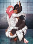  2018 5_fingers 5_toes anthro anthro_on_anthro anthro_penetrated anthro_penetrating anthro_penetrating_anthro balls biped black_hair black_penis breast_squish breasts canid canine canis detailed_background digital_media_(artwork) domestic_dog duo erection faceless_female felid feline female female_penetrated fingers fur hair hi_res male male/female male_focus male_penetrating mammal miosha orange_eyes penetration penis sex shower shower_sex squish stand_and_carry_position standing standing_sex striped_fur stripes toes vaginal vaginal_penetration 