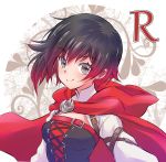  1girl belt belt_buckle black_hair blouse buckle cape cloak corset flower gradient_hair highres hood hooded_cloak iesupa multicolored_hair multiple_belts red_cape red_hair rose ruby_rose rwby short_hair silver_eyes solo two-tone_hair white_blouse 