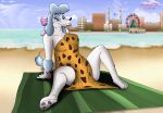  2019 absurd_res beach breasts canid canine canis clothed clothing darthmaul1999 disney domestic_dog female georgette_(disney) hi_res mammal mature_female nipple_outline oliver_and_company sea seaside seductive skimpy solo spread_legs spreading towel water 