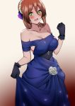  1girl :d bare_shoulders black_gloves blue_dress blush breasts brown_eyes cleavage clenched_hand collarbone commentary_request dress eyebrows_visible_through_hair flower girls_frontline gloves green_eyes hair_between_eyes highres long_hair looking_at_viewer m1903_springfield_(girls_frontline) off-shoulder_dress off_shoulder open_mouth rose skindentation skirt_hold smile solo strapless strapless_dress warashi white_flower white_rose 