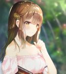  1girl bangs bare_shoulders blunt_bangs blurry blurry_background blush book breasts brown_hair closed_mouth collarbone day eyebrows_visible_through_hair finger_to_mouth flower from_side hair_flower hair_ornament hand_up highres holding holding_book long_hair looking_at_viewer off-shoulder_shirt off_shoulder original outdoors pink_shirt shirt short_sleeves shushing sidelocks smile solo upper_body yellow_eyes yushima 
