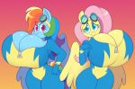  2019 anthro anthrofied big_breasts breasts cleavage clothed clothing equid equine eyewear female fluttershy_(mlp) friendship_is_magic goggles hair hi_res huge_breasts looking_at_viewer mammal multicolored_hair my_little_pony norithecat pterippus purple_eyes rainbow_dash_(mlp) rainbow_hair skinsuit smile solo text tight_clothing unzipped wings zipper 