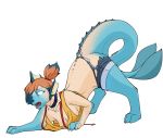  2019 all_fours ass_up blue_eyes blueberrysnow breasts clothing collar eeveelution eye_roll female glowing glowing_eyes gym_leader hi_res misty_(pok&eacute;mon) nintendo pok&eacute;mon pok&eacute;mon_(species) shrinking simple_background solo species_transformation tail_growth torn_clothing transformation vaporeon video_games white_background 