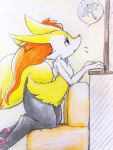  3_toes ambiguous_gender black_fur bodily_fluids braixen colored_pencil_(artwork) ears_back eiroru fluffy fluffy_tail fur half-closed_eyes hi_res inner_ear_fluff inside kneeling nintendo outside pawpads pink_pawpads pivoted_ears pok&eacute;mon pok&eacute;mon_(species) raining red_eyes red_fur red_nose sad saliva sofa solo speech_bubble toes traditional_media_(artwork) video_games white_fur window yellow_fur 