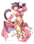  1girl animal_ears arm_up aruma_jiki bangs bare_shoulders barefoot bracelet breasts brown_hair cat_ears cat_tail detached_sleeves eyebrows_visible_through_hair facial_mark final_fantasy final_fantasy_xiv full_body hair_ornament jewelry large_breasts leg_strap long_hair looking_at_viewer midriff miqo&#039;te navel purple_eyes slit_pupils smile solo tail tassel twitter_username white_background 