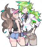  1boy 1girl antenna_hair ass bare_shoulders baseball_cap black_vest blue_eyes blue_shorts blush brown_hair cropped_legs cutoffs enpe eyebrows_visible_through_hat green_hair hand_in_pocket hand_on_another&#039;s_face hat long_hair looking_at_another micro_shorts n_(pokemon) pants pocket pokemon pokemon_(game) pokemon_bw ponytail shorts sideways_mouth simple_background sleeves_past_elbows touko_(pokemon) v-shaped_eyebrows vest white_background wristband 