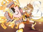  1girl ahoge clenched_hand hair_ornament hairclip henshin highres jonathan_h light_brown_hair navel scarf senki_zesshou_symphogear shorts signature tachibana_hibiki_(symphogear) yellow_eyes 