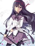  1girl akemi_homura arrow black_hair black_legwear black_shirt bow_(weapon) collared_shirt contrapposto cowboy_shot floating_hair frilled_skirt frills hair_ribbon hairband holding holding_arrow holding_bow_(weapon) holding_weapon jacket long_hair long_sleeves looking_at_viewer looking_to_the_side mahou_shoujo_madoka_magica miniskirt neck_ribbon pantyhose parted_lips pleated_skirt purple_eyes purple_ribbon purple_sailor_collar purple_skirt red_hairband red_ribbon ribbon runeko sailor_collar shirt signature skirt solo standing straight_hair very_long_hair weapon white_background white_jacket wing_collar 
