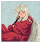  1boy animal_ears blue_background crossed_arms dog_ears inuyasha inuyasha_(character) japanese_clothes long_hair looking_at_viewer male_focus sheath sheathed simple_background sitting sword very_long_hair weapon white_hair wide_sleeves yellow_eyes 