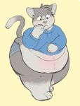  anthro belly belly_overhang blush clothed clothing domestic_cat felid feline felis fur grey_fur hoodie male mammal midriff moobs obese obese_male overweight overweight_male portlypigeon solo standing thick_thighs topwear toxi wide_hips 