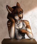  2019 5_fingers anthro beverage blue_eyes breasts brown_fur brown_hair brown_nose canid canine canis clothed clothing cup digital_media_(artwork) domestic_dog ear_piercing ear_ring eyebrows eyelashes female fingers fur hair hi_res mammal miosha piercing simple_background solo 