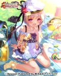  1girl blonde_hair blush brown_footwear bucchake_(asami) dress food footwear_removed hand_to_own_mouth hat jar knees_together_feet_apart koihime_musou looking_at_viewer official_art open_mouth outdoors picnic picnic_basket pink_eyes plate shoes shokatsuryou short_dress short_hair sitting smile socks solo towel white_dress white_headwear yellow_footwear 