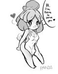  &lt;3 2019 absurd_res animal_crossing anthro apron apron_only blush blush_stickers breasts canid canine canis clothed clothing domestic_dog female fur hair hi_res isabelle_(animal_crossing) mammal monochrome mostly_nude nintendo open_mouth pandaischub shih_tzu simple_background solo speech_bubble toy_dog video_games 