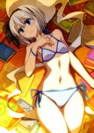  1girl ass_visible_through_thighs bangs bare_arms bare_shoulders bikini black_hairband black_ribbon blue_eyes blue_ribbon blush book closed_mouth collarbone colored_eyelashes day eyebrows_visible_through_hair flat_chest hair_ribbon hairband hand_on_own_chest highres hot konpaku_youmu konpaku_youmu_(ghost) lens_flare looking_at_viewer lying navel on_back on_floor open_book polka_dot polka_dot_bikini ribbon sazanami_mio short_hair silver_hair solo standing sunlight sweat swimsuit thigh_gap thighs touhou wet white_bikini wristband 