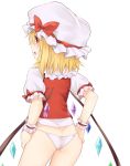  1girl ass bangs blonde_hair commentary_request cowboy_shot crystal flandre_scarlet from_behind hand_on_hip hat highres looking_at_viewer looking_back miyo_(ranthath) mob_cap no_pants open_mouth panties puffy_short_sleeves puffy_sleeves red_eyes red_vest shirt short_sleeves simple_background solo standing thighs touhou underwear vest white_background white_headwear white_panties white_shirt wings wrist_cuffs 