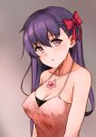  1girl bangs bow breasts cleavage closed_mouth collarbone covered_nipples eyebrows_visible_through_hair fate/stay_night fate_(series) grey_background hair_between_eyes hair_bow highres jewelry leatzche long_hair looking_at_viewer matou_sakura medium_breasts necklace pink_shirt purple_eyes purple_hair red_bow shiny shiny_hair shirt simple_background sleeveless sleeveless_shirt solo upper_body 