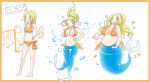  ! 2015 ? big_breasts blonde_hair blue_eyes blush breast_expansion breasts clothing female hair human human_to_humanoid humanoid izumi_(artist) mammal marine merfolk musical_note one_eye_closed open_mouth ponytail sequence slightly_chubby solo store surprise swimwear transformation weight_gain 