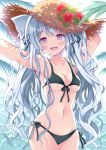  1girl :d animal_ears armpits arms_up bare_arms bare_shoulders bikini black_bikini black_ribbon blush breasts brown_headwear caustics cleavage collarbone cowboy_shot flower front-tie_bikini front-tie_top groin hair_ribbon hat hat_flower hoshino_koucha leaf long_hair looking_at_viewer medium_breasts navel open_mouth original outstretched_arm purple_eyes red_flower ribbon side-tie_bikini silver_hair smile solo stomach straw_hat swimsuit thighs twintails very_long_hair water 