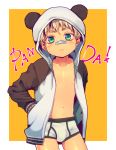  1boy :3 bandaid bandaid_on_nose blonde_hair blush briefs edging_briefs english_text green_eyes hands_in_pockets hood hoodie looking_at_viewer male_focus navel nipples oginy original panda_hood solo thick_eyebrows underwear 