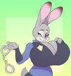  2019 absurd_res alpha_channel anthro badge big_breasts blush breasts cleavage clothed clothing dialogue digital_media_(artwork) disney english_text female fully_clothed fur hand_on_breast handcuffs hi_res huge_breasts hyper hyper_breasts judy_hopps lagomorph leporid looking_at_viewer mammal norithecat one_eye_closed police police_uniform rabbit shackles smile solo text uniform voluptuous zootopia 