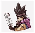  1boy black_eyes brown_gloves cape chin_stroking circlet closed_mouth cropped_torso dragon_quest dragon_quest_iii english_commentary gloves male_focus nin_nakajima paper purple_cape roto solo spiked_hair super_smash_bros. tunic |_| 