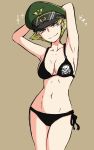  1girl armpits arms_behind_head bikini blonde_hair breasts brown_background brown_eyes closed_mouth commentary cowboy_shot erwin_(girls_und_panzer) girls_und_panzer goggles goggles_on_headwear green_headwear half-closed_eyes hat highres looking_at_viewer medium_breasts military_hat navel noumen peaked_cap pointy_hair pose print_bikini short_hair side-tie_bikini simple_background skull_and_crossbones smile solo sparkle standing swimsuit totenkopf 
