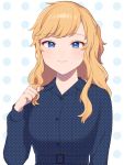  1girl bangs blonde_hair blue_eyes blue_jacket blush cho628 commentary_request eyebrows_visible_through_hair highres idolmaster idolmaster_cinderella_girls jacket long_hair long_sleeves ootsuki_yui polka_dot simple_background smile solo upper_teeth wavy_hair 