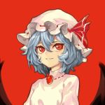  1girl absurdres bat_wings blue_hair breasts brooch dress fang hair_between_eyes hat hat_ribbon highres iouley jewelry looking_away mob_cap pink_dress portrait red_background red_eyes red_ribbon remilia_scarlet ribbon short_hair sidelocks simple_background small_breasts smile solo teeth touhou turtleneck wings 