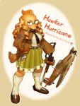  2018 aircraft anthro belt bottomwear breasts canid canine canis clothed clothing cute_fangs domestic_dog eyewear female fluffy fluffy_tail footwear fur glasses green_eyes hair hand_on_hip hawker_hurricane hi_res hideki_kaneda holding_object holding_weapon hurricane long_hair mammal melee_weapon necktie open_mouth skirt solo sword weapon 