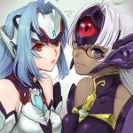  2girls android bare_shoulders blue_eyes blue_hair breasts cleavage cyborg dark_skin elbow_gloves expressionless forehead_protector glasses gloves kos-mos kos-mos_re: long_hair looking_at_viewer multiple_girls oyasu_(kinakoyamamori) red_eyes silver_hair smile t-elos t-elos_re very_long_hair xenoblade_(series) xenoblade_2 xenosaga xenosaga_episode_iii 