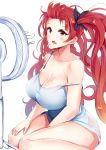  1girl azur_lane bare_shoulders black_ribbon blush breasts cleavage collarbone commentary covered_nipples electric_fan eyebrows_visible_through_hair fanning_self hair_ribbon highres honolulu_(azur_lane) hot irohasu kneeling large_breasts long_hair no_bra off_shoulder open_mouth orange_eyes red_hair ribbon see-through simple_background sitting solo strap_slip sweat tank_top twintails white_background 