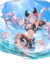  &gt;_&lt; /\/\/\ 3girls :d alpha_transparency animal_ears armpits arms_up ass_visible_through_thighs athena_(granblue_fantasy) ball bangs beachball belt bikini bikini_skirt black_bikini blonde_hair blue_sky blush breasts cloud flower frilled_swimsuit frills granblue_fantasy hair_between_eyes hair_flower hair_ornament hair_ribbon hibiscus large_breasts lens_flare long_hair looking_at_viewer low_twintails medusa_(shingeki_no_bahamut) midriff minaba_hideo multiple_girls navel official_art open_mouth purple_eyes purple_hair red_bikini red_flower ribbon satyr_(granblue_fantasy) shingeki_no_bahamut sky smile star swimsuit thigh_gap transparent_background twintails upper_teeth very_long_hair water 