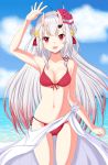  1girl absurdres arm_up armpits beach blush breasts cleavage cloud collarbone commentary_request double_bun fang highres hololive looking_at_viewer medium_breasts nakiri_ayame navel ocean oni_horns oni_mask open_mouth red_eyes sarong silver_hair solo swimsuit virtual_youtuber 