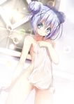  1girl anger_vein ass_visible_through_thighs bangs blue_eyes blue_hair blurry blurry_background blush breasts bubble closed_mouth collarbone commentary_request covering depth_of_field double_bun eyebrows_visible_through_hair gochuumon_wa_usagi_desu_ka? hair_between_eyes hair_ornament hand_up highres indoors kafuu_chino looking_at_viewer na!?_(naxtuyasai) nude_cover sidelocks small_breasts solo towel v-shaped_eyebrows wavy_mouth x_hair_ornament 