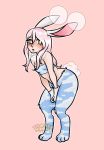  2019 animal_humanoid blue_fur blush breasts bubble butt carrot clothing digital_media_(artwork) fangs female food fur gloves green_eyes hair handwear hi_res honeymoomy humanoid lagomorph lagomorph_humanoid leporid_humanoid mammal mammal_humanoid multicolored_fur open_mouth paws plant rabbit_humanoid simple_background small_breasts solo teeth two_tone_fur usawa_fuwakaru vegetable white_fur 